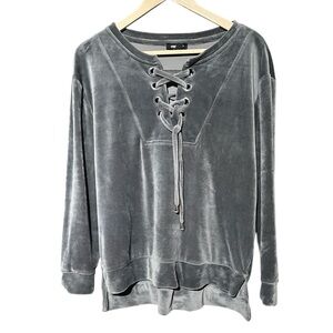 Spring + Mercer Gray Super Soft Velour Lace Front Top Shirt Sweatshirt